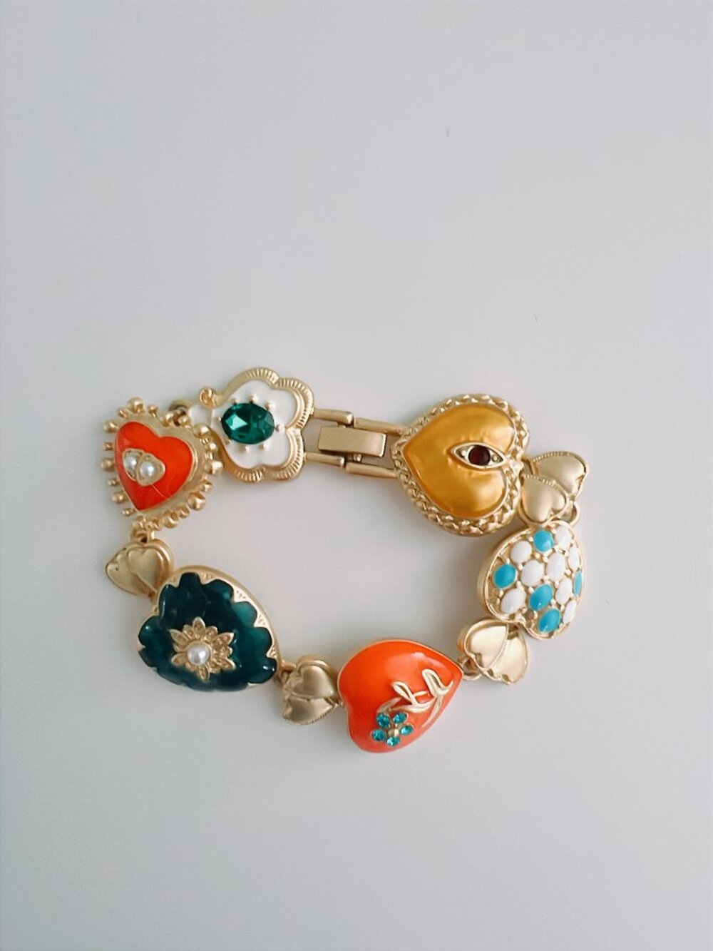 Flanerie Gold-Tone Enamel Heart and Floral Statement Bracelet